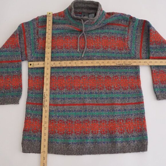 Vintage '90S Lizwear Grey Knit w Red Green Cotton Blend Mockneck Sweater M - Picture 4 of 11
